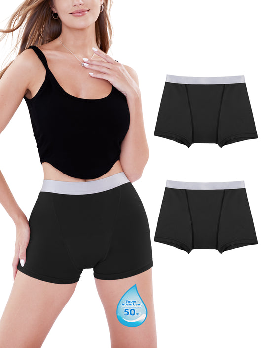 Washable Women's Period Underwear ( Black, Two-pack ) - 50ML ( Boyshorts )