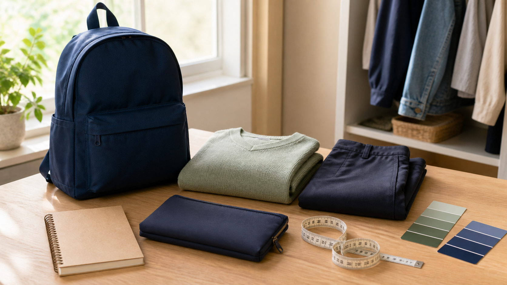 School backpack, ordinary clothing, private pouch, and fit-planning items prepared at home
