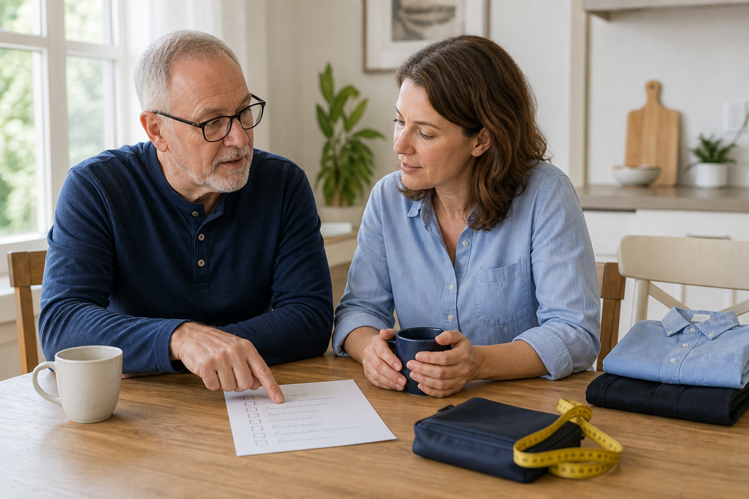 Older man and adult daughter discussing a private clothing-care plan together at home