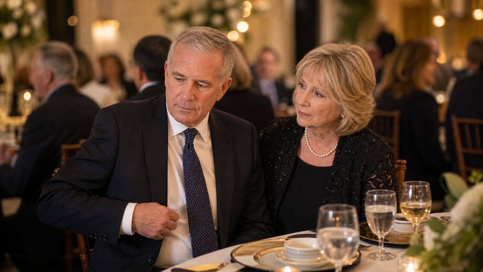 Illustrative scene of an older couple quietly supporting each other at a formal dinner