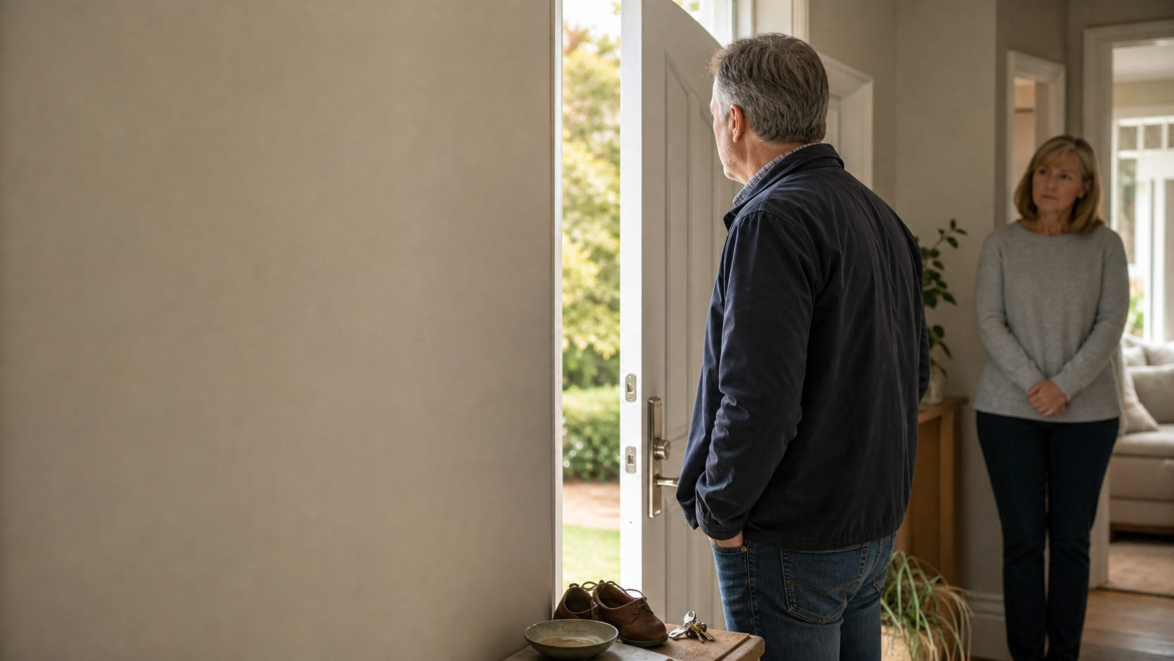 Illustrative scene of a man hesitating at the door because frequent urination has made leaving home feel uncertain