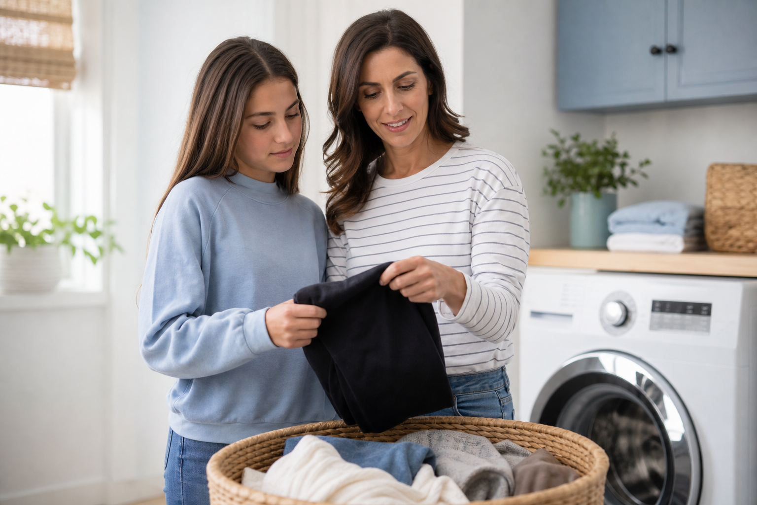 Teen and caregiver checking a garment care label together beside a washing machine