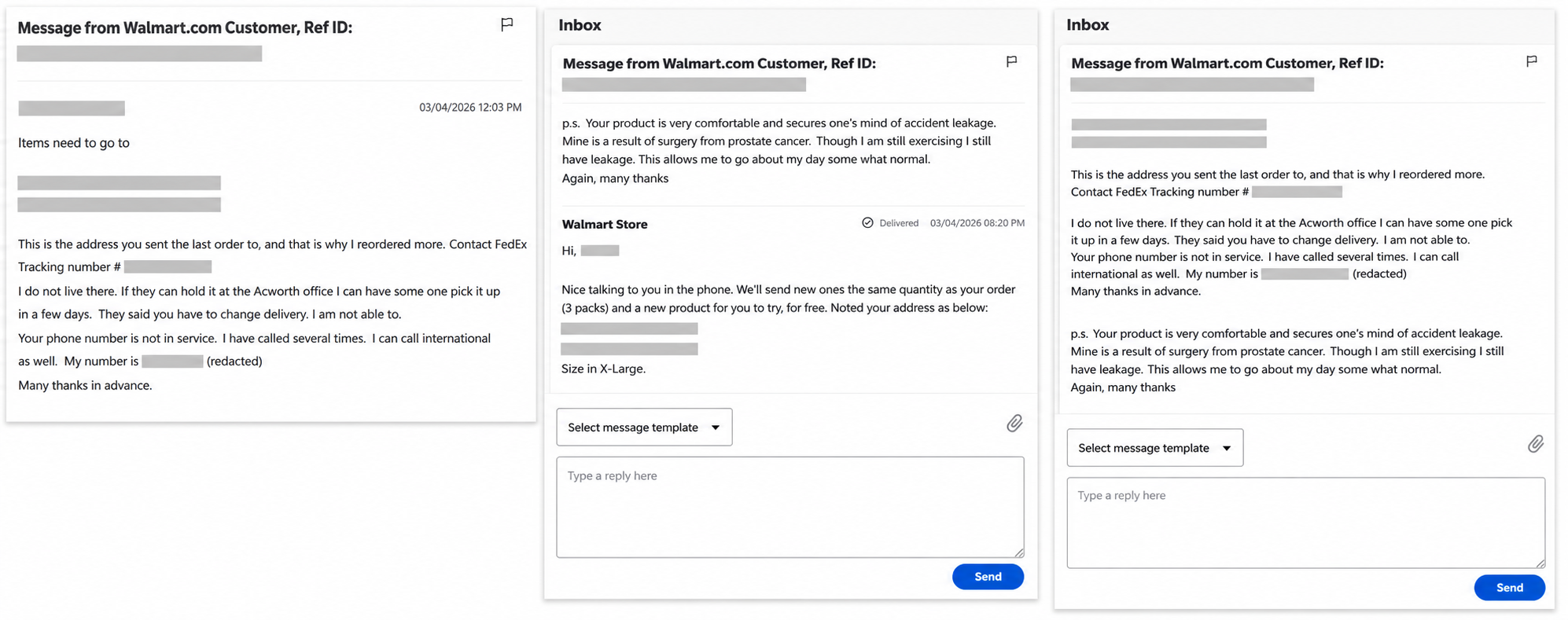 Anonymized Walmart customer support evidence showing delivery issue, replacement response, and customer feedback about comfort after prostate cancer surgery