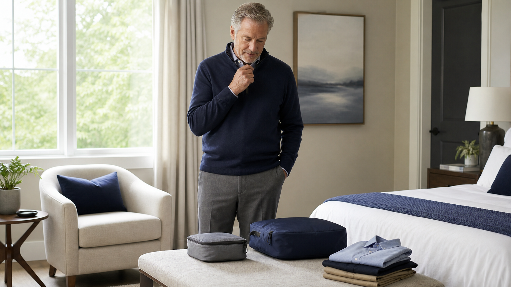 Fully clothed man preparing two discreet daily leak-protection routines at home