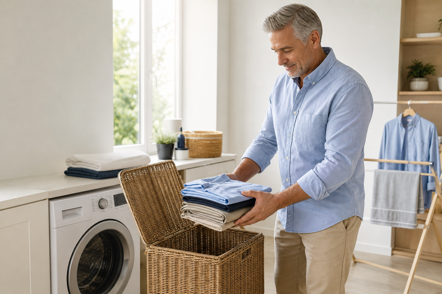 Fully clothed man organizing clean, dry clothes in a bright laundry room