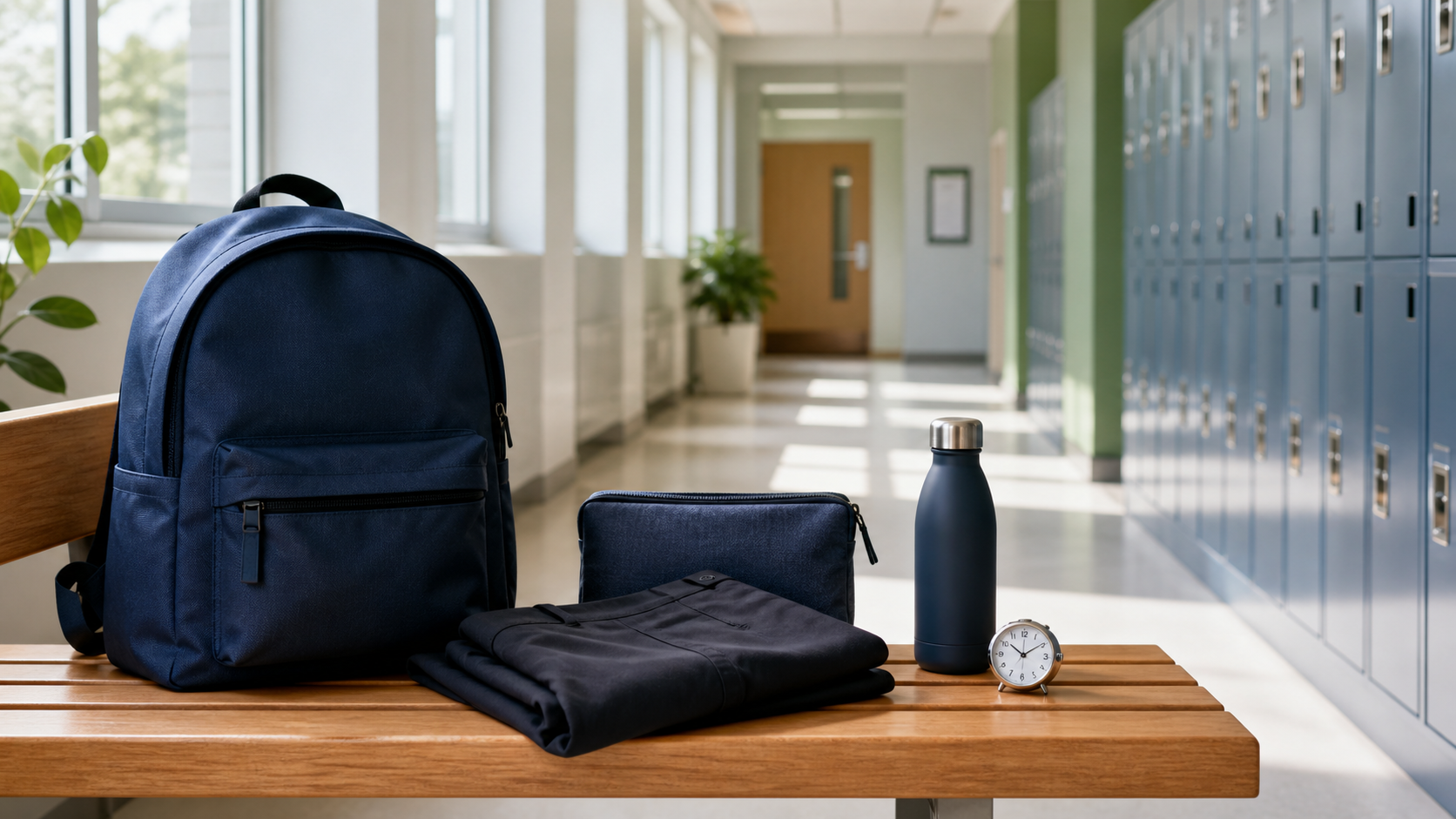 School backpack, private pouch, spare outer clothing, water bottle, and clock arranged on a corridor bench