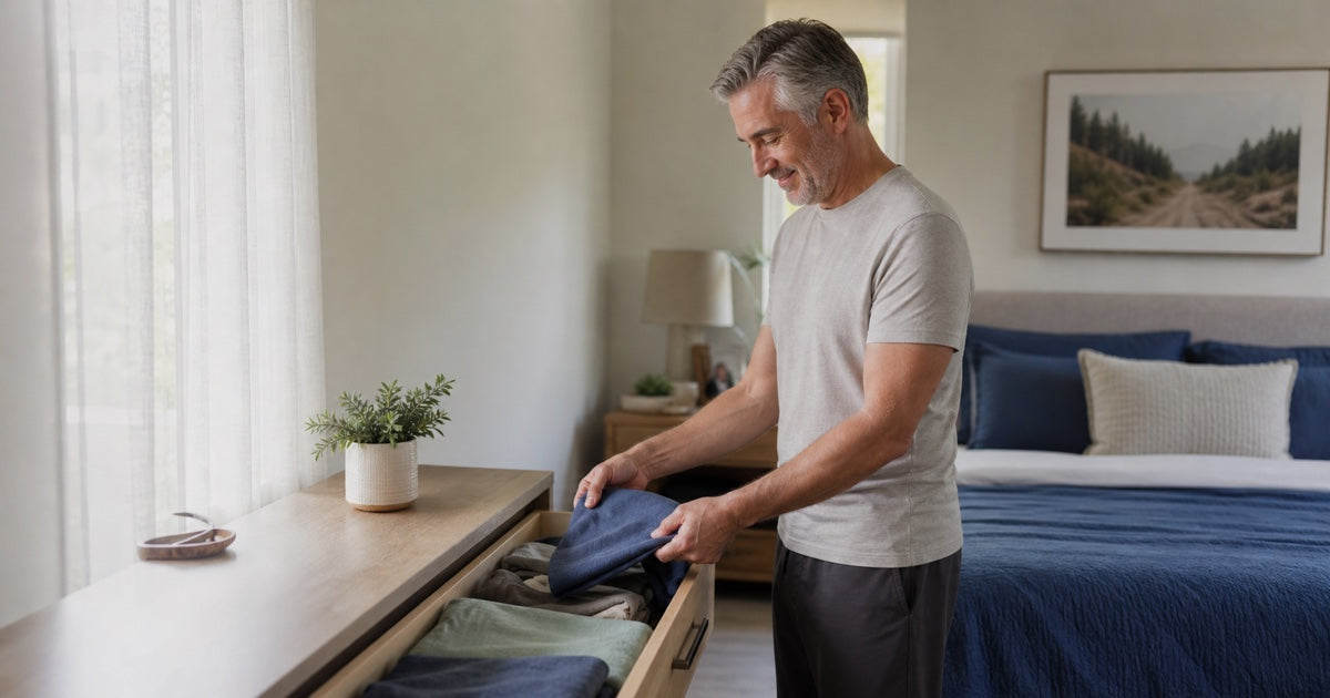 Adult man selecting everyday clothing at home while returning to routine after prostate surgery
