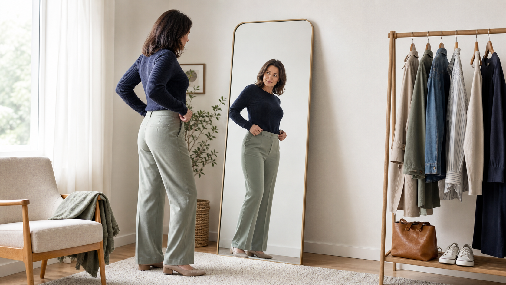 Adult woman checking the fit of opaque outer clothing in a full-length mirror