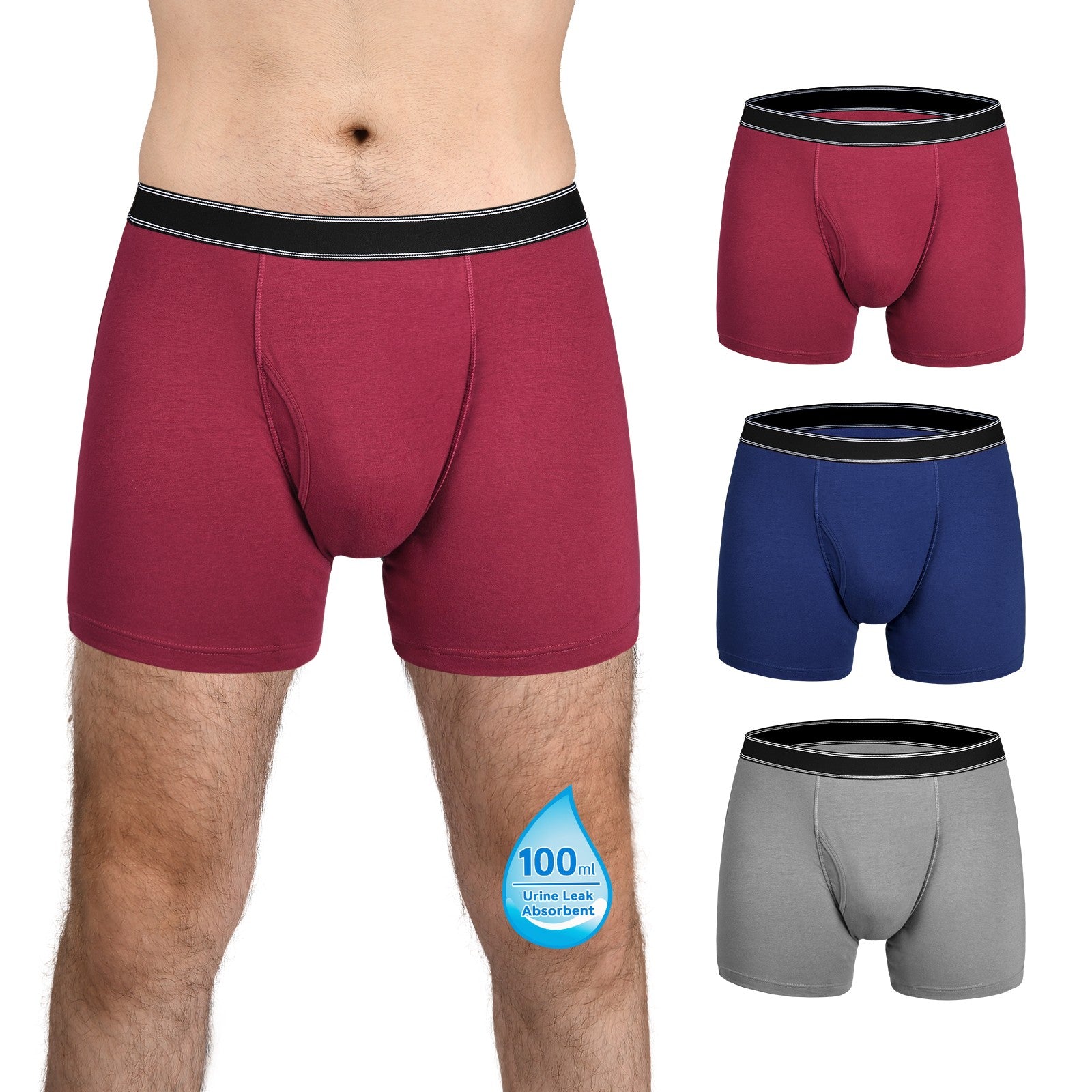Reusable Men's Incontinence Boxer Briefs - EXTRA ABSORBENCY(100ml)  - 95% Cotton