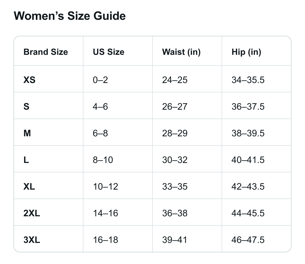 Women's size guide for style 31001