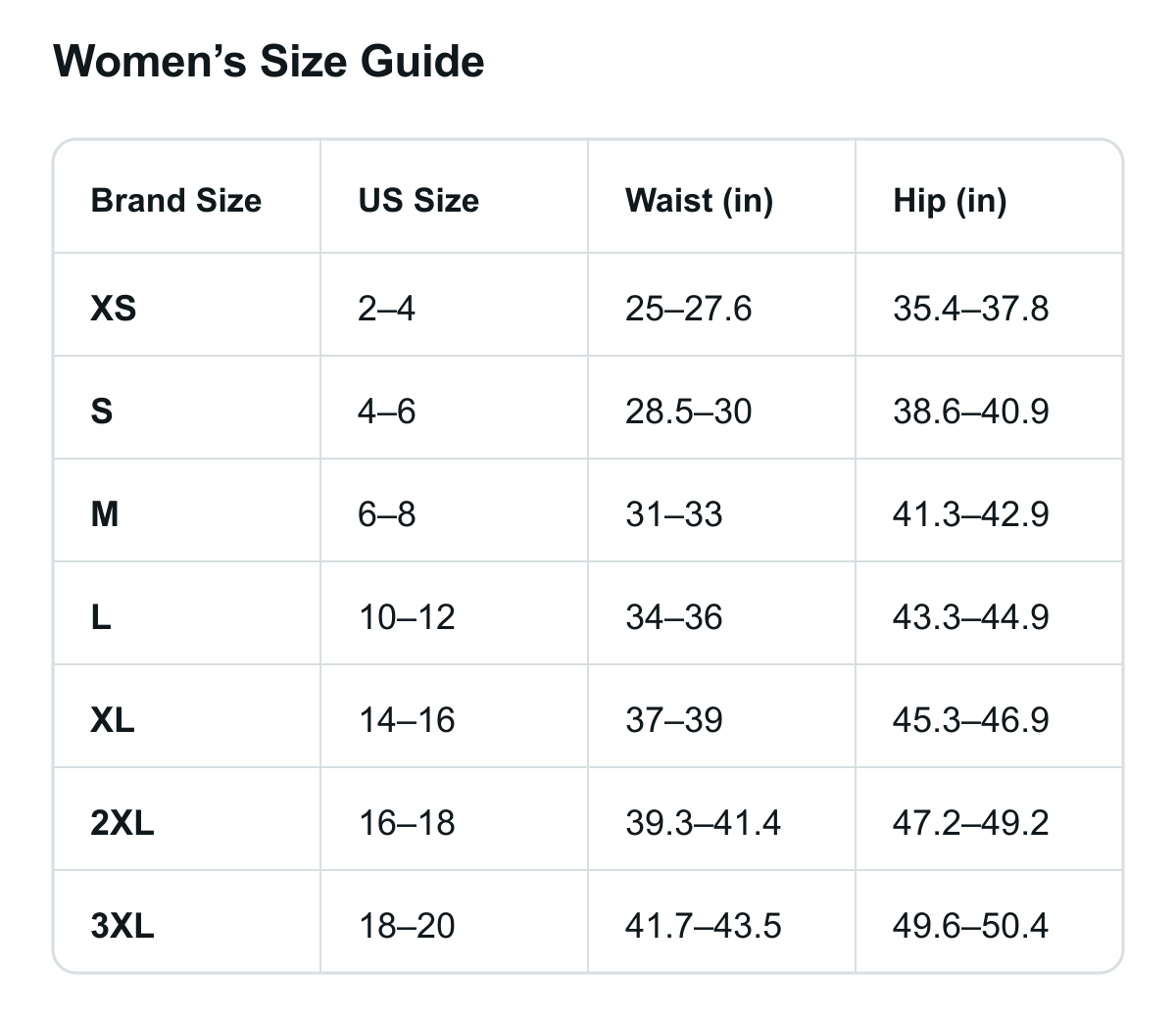 Women's size guide for style 31003