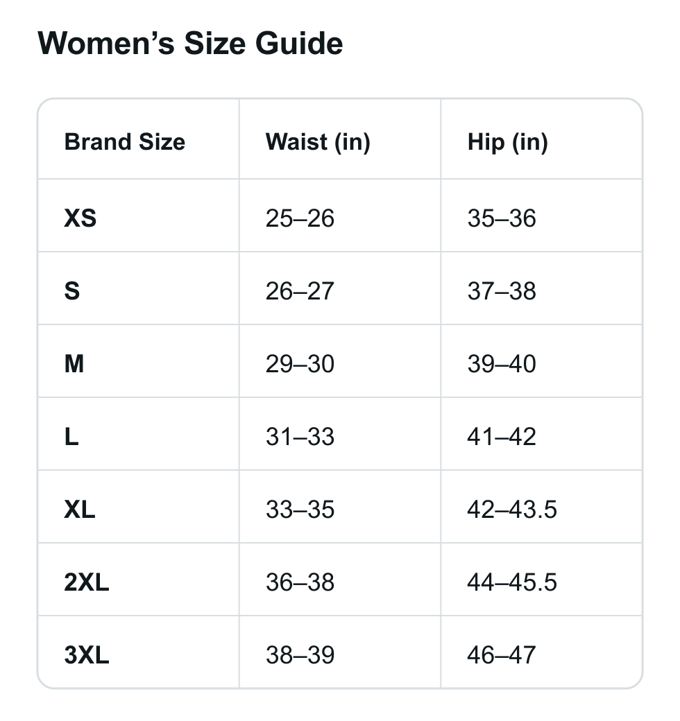 Women's size guide for style 61136